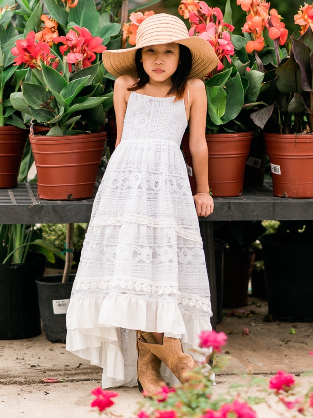 Girls Bohemian Cottagecore Beach Whimsical Lace Maxi Dress, Flower Girl, Size 8